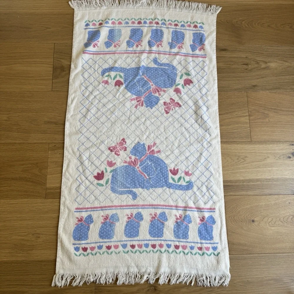 Vintage Cannon Bath Towel Blue Cat Pink Flowers Fringe Retro Cottagecore 80s 90s